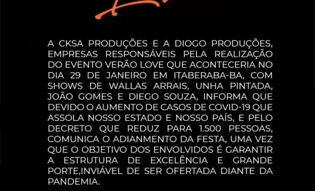 Show de João Gomes em Itaberaba é adiado